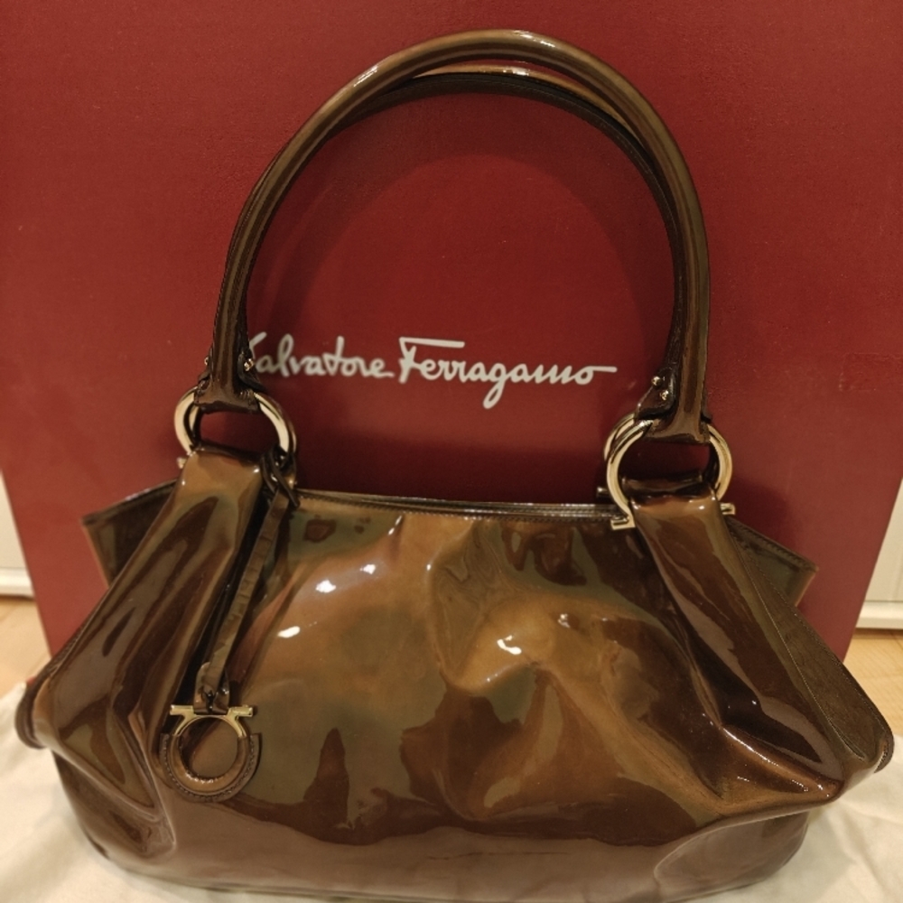 Year End Sale. New Salvatore Ferragamo Patent Calf leather Brown Women's Bag